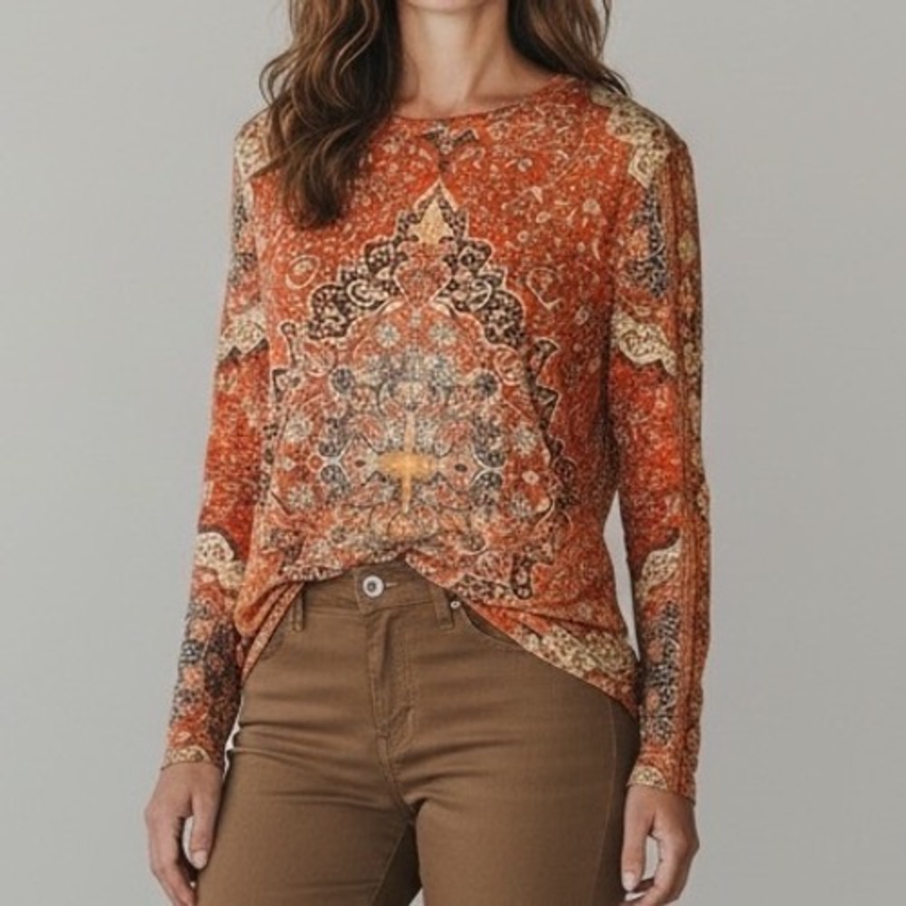 Women's Orange Medallion Print Long‎ Sleeve Crew Neck Top Size L